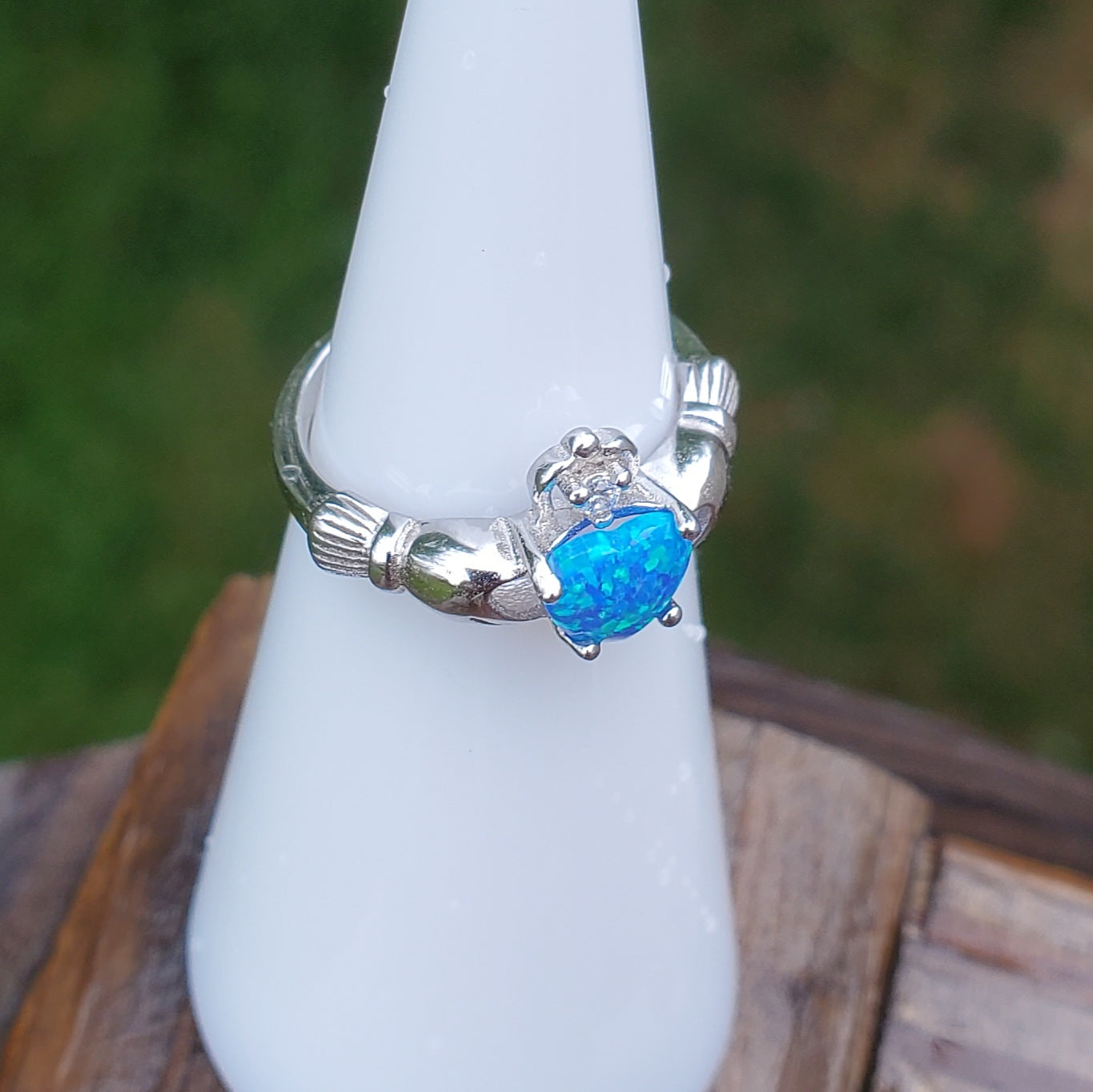 Blue Opal Celtic Claddagh Sterling Ring