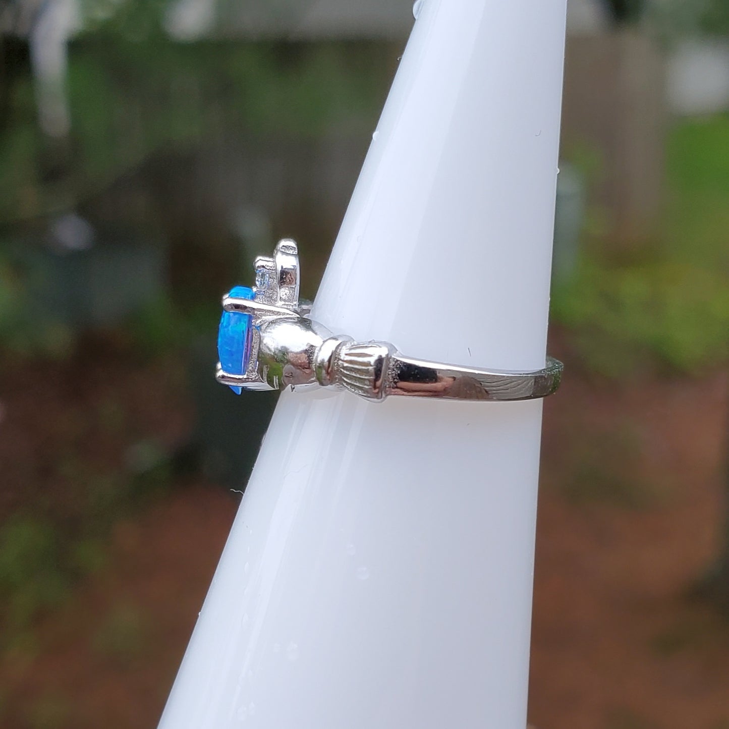 Blue Opal Celtic Claddagh Sterling Ring