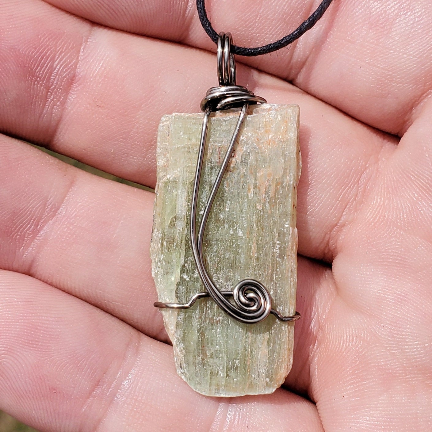 Natural Green Kyanite Blade Wire Wrapped Gemstone Pendant