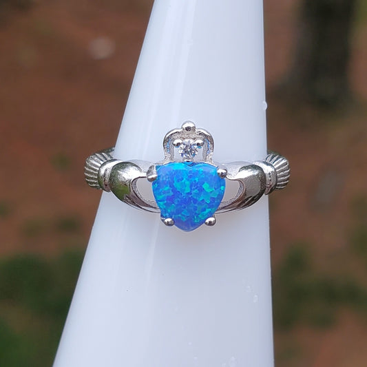 Blue Opal Celtic Claddagh Sterling Ring
