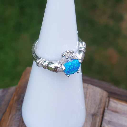 Blue Opal Celtic Claddagh Sterling Ring