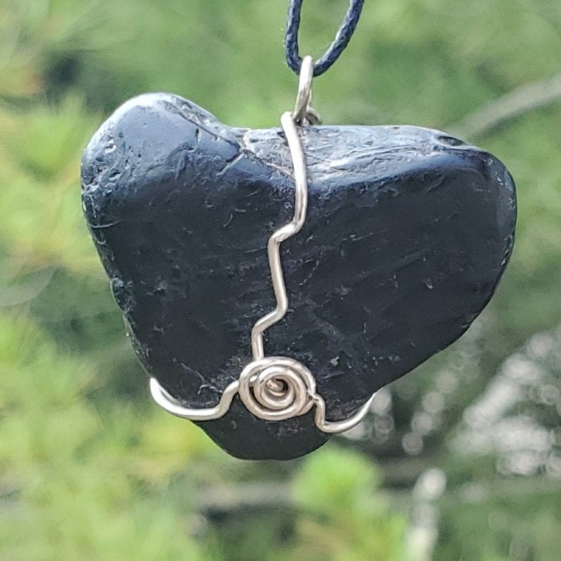 Natural "Black Heart" Silver Wire Wrapped Pendant