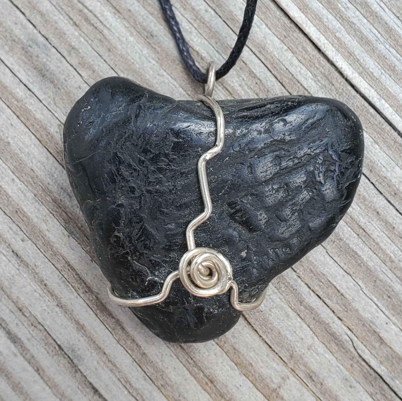 Natural "Black Heart" Silver Wire Wrapped Pendant